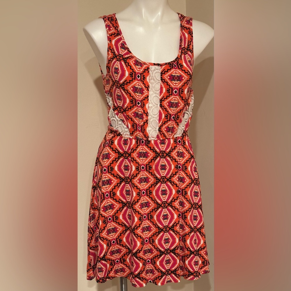 Orange Pink White Lace Black Geometric Elastic Waist Sleeveless Dress Sz S